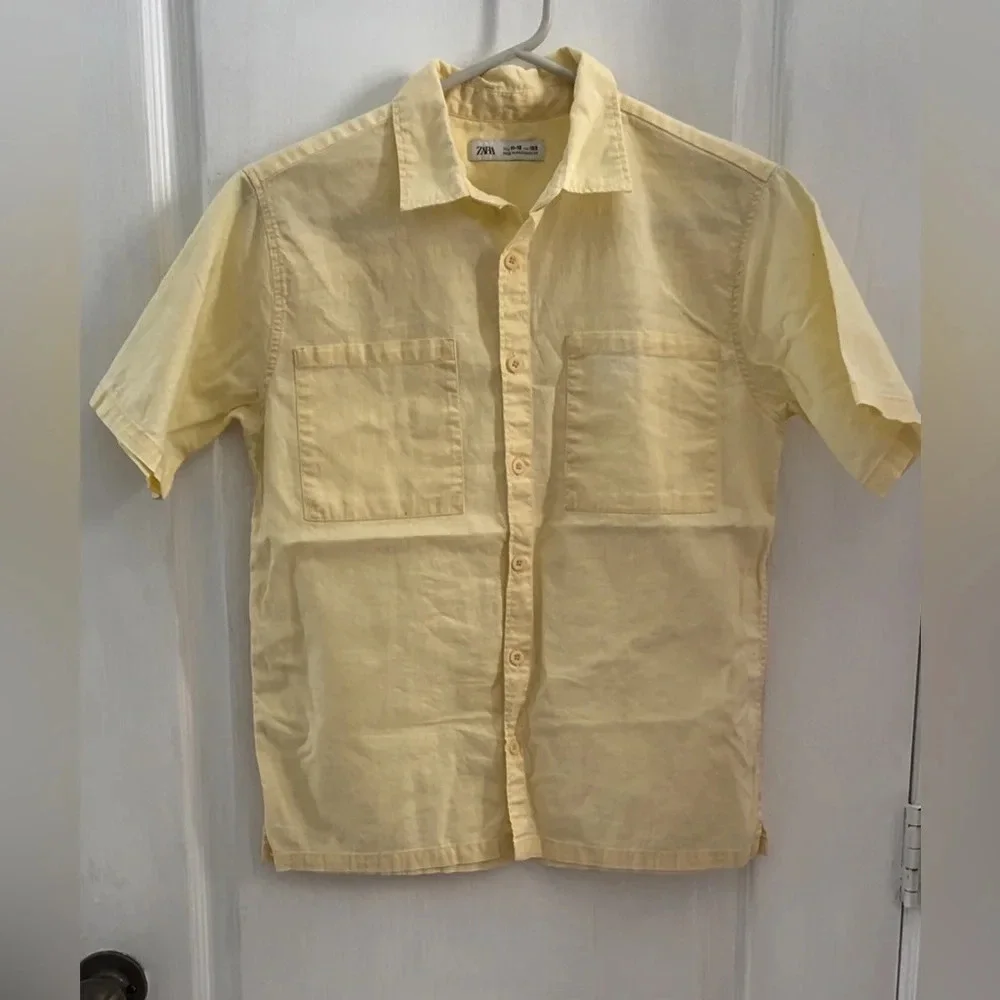 Zara Boys Linen Blended Cotton Yellow Pocket Shirt (Size 11-12)